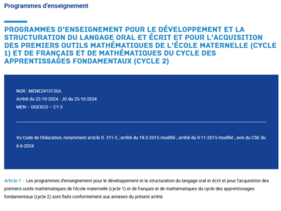 Programmes de français et de mathématiques cycle 2 (octobre 2024)