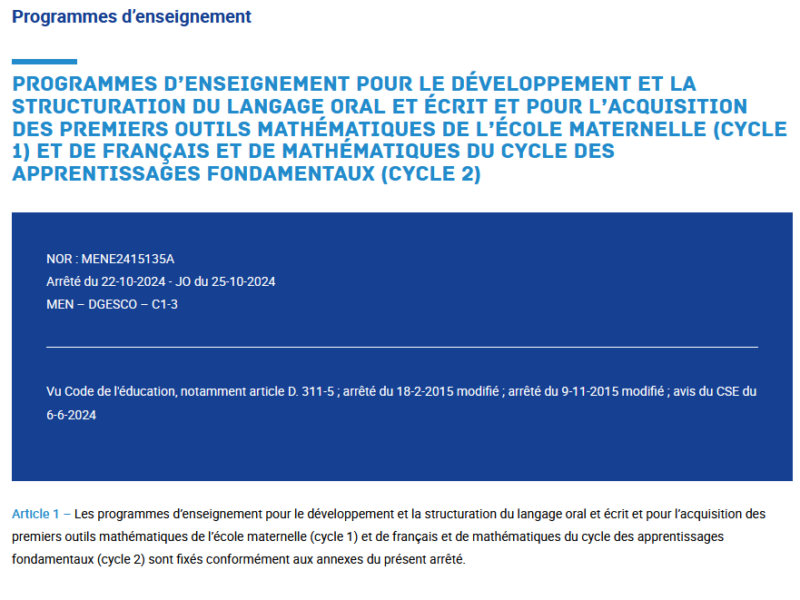 Programmes de français et de mathématiques cycle 2 (octobre 2024)