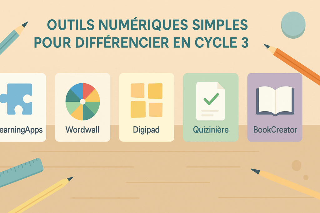 Outils numériques simples pour différencier en cycle 3 : cinq applications représentées par leurs icônes (LearningApps, Wordwall, Digipad, Quizinière, BookCreator) sur un bureau d’enseignant.