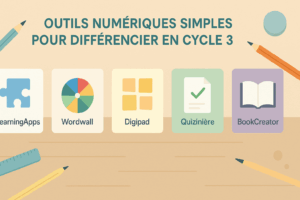 Outils numériques simples pour différencier en cycle 3 : cinq applications représentées par leurs icônes (LearningApps, Wordwall, Digipad, Quizinière, BookCreator) sur un bureau d’enseignant.