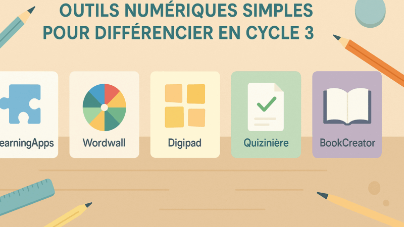 Outils numériques simples pour différencier en cycle 3 : cinq applications représentées par leurs icônes (LearningApps, Wordwall, Digipad, Quizinière, BookCreator) sur un bureau d’enseignant.